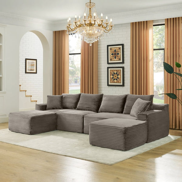 English Elm 115" U-shaped Cloud Sectional Corduroy Upholstered Modular Sofa with Chaise and Ottoman Brown W2318S00018