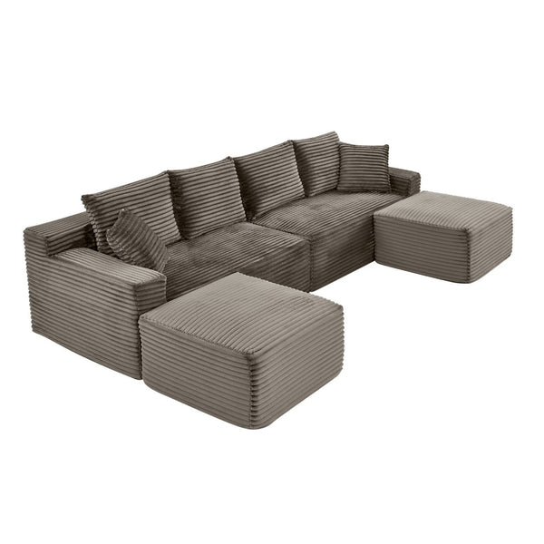 English Elm 115" U-shaped Cloud Sectional Corduroy Upholstered Modular Sofa with Chaise and Ottoman Brown W2318S00018