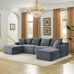 English Elm 115" U-shaped Cloud Sectional Corduroy Upholstered Modular Sofa with Chaise and Ottoman Grey W2318S00020