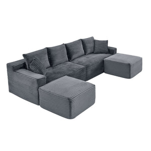 English Elm 115" U-shaped Cloud Sectional Corduroy Upholstered Modular Sofa with Chaise and Ottoman Grey W2318S00020