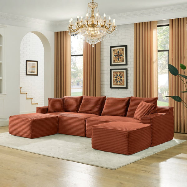English Elm 115" U-shaped Cloud Sectional Corduroy Upholstered Modular Sofa with Chaise and Ottoman Orange W2318S00021