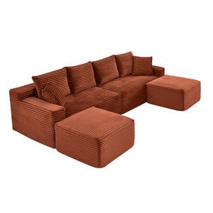 English Elm 115" U-shaped Cloud Sectional Corduroy Upholstered Modular Sofa with Chaise and Ottoman Orange W2318S00021