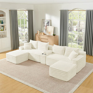 English Elm 127" Corduroy Cloud Sectional Modular U Shaped Sofa with Ottoman and Usb Console Beige W2318S00022