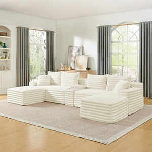 English Elm 127" Corduroy Cloud Sectional Modular U Shaped Sofa with Ottoman and Usb Console Beige W2318S00022