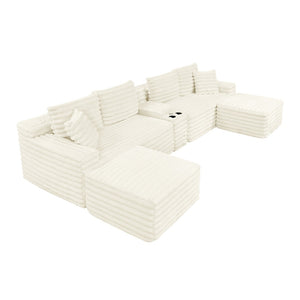 English Elm 127" Corduroy Cloud Sectional Modular U Shaped Sofa with Ottoman and Usb Console Beige W2318S00022