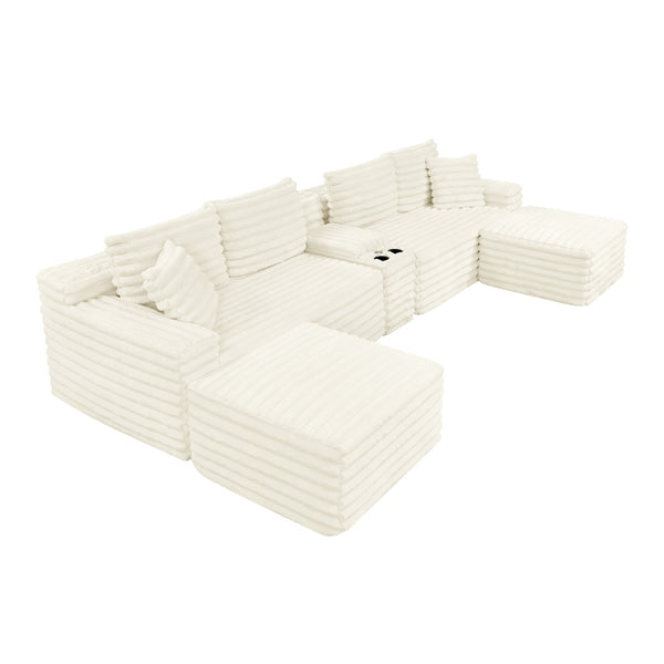 English Elm 127" Corduroy Cloud Sectional Modular U Shaped Sofa with Ottoman and Usb Console Beige W2318S00022