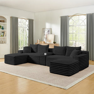 English Elm 127" Corduroy Cloud Sectional Modular U Shaped Sofa with Ottoman and Usb Console Black W2318S00023