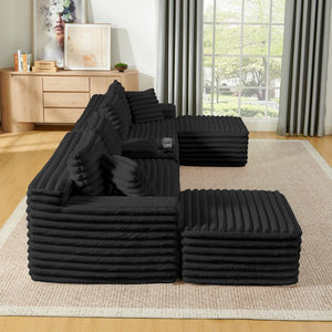 English Elm 127" Corduroy Cloud Sectional Modular U Shaped Sofa with Ottoman and Usb Console Black W2318S00023