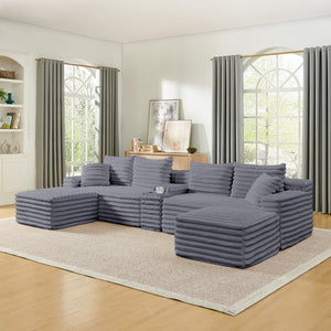 English Elm 127" Corduroy Cloud Sectional Modular U Shaped Sofa with Ottoman and Usb Console Grey W2318S00024