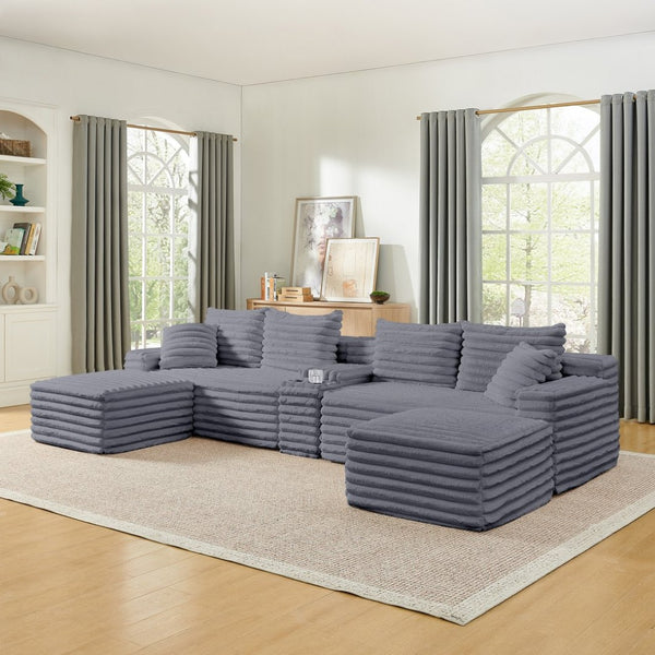 English Elm 127" Corduroy Cloud Sectional Modular U Shaped Sofa with Ottoman and Usb Console Grey W2318S00024