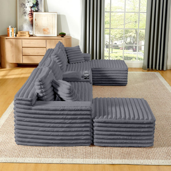 English Elm 127" Corduroy Cloud Sectional Modular U Shaped Sofa with Ottoman and Usb Console Grey W2318S00024