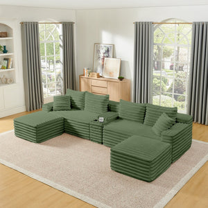 English Elm 127" Modular U-shaped Cloud Sectional Corduroy Sofa with Ottoman Usb Living Room W2318S00025