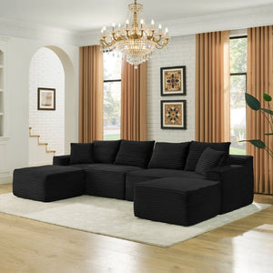 English Elm 115 Inch U-Shaped Corduroy Cloud Sectional with Chaise Ottoman No Assembly Plush Foam W2318S00027