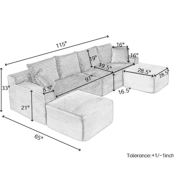 English Elm 115 Inch U-Shaped Corduroy Cloud Sectional with Chaise Ottoman No Assembly Plush Foam W2318S00027