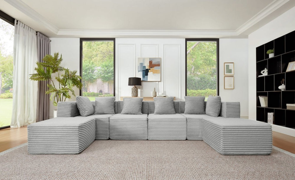 English Elm 130 Inch U-Shaped Modular Cloud Sofa Corduroy Upholstered Deep Seat Living Room Grey W2318S00031