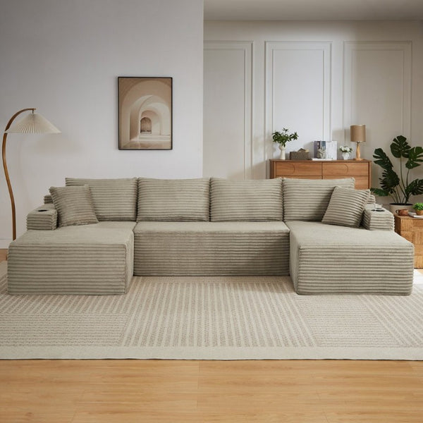 English Elm Compressible Modular U-Shaped Corduroy Cloud Sectional for Spacious Living Rooms W2339P480651
