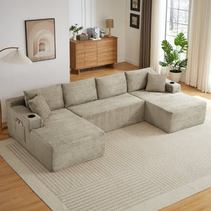 English Elm Compressible Modular U-Shaped Corduroy Cloud Sectional for Spacious Living Rooms W2339P480651