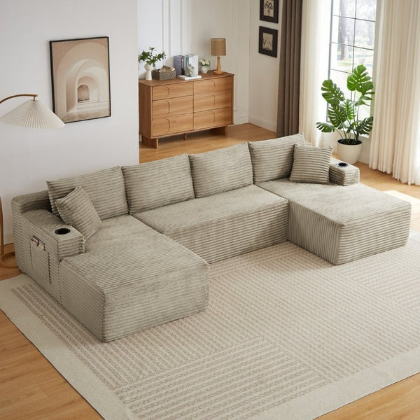 English Elm Compressible Modular U-Shaped Corduroy Cloud Sectional for Spacious Living Rooms W2339P480651