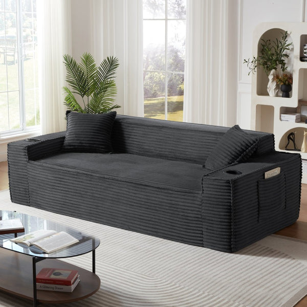 English Elm 3seater Corduroy Cloud Sofa Pocket Spring Boneless Frame for Apartments and Offices Dark Gray W2339P481750