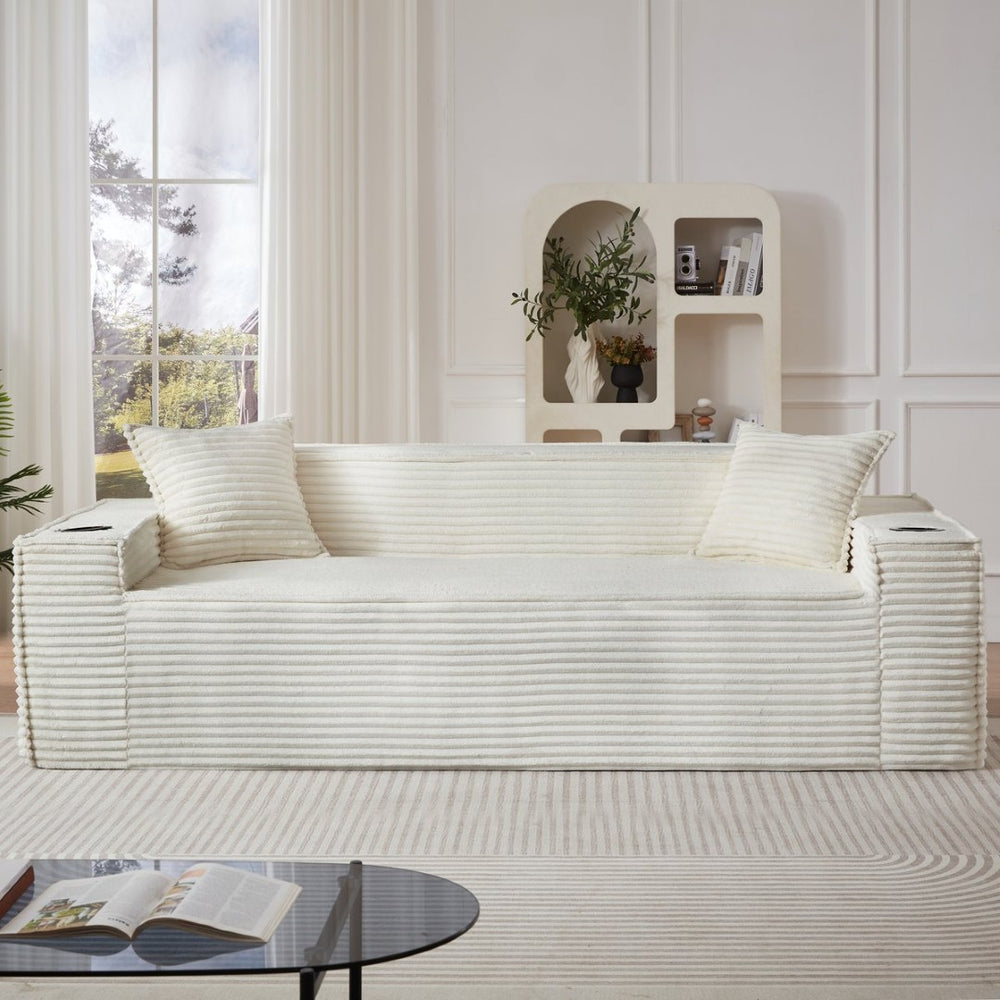 English Elm 3seater Corduroy Cloud Sofa Pocket Spring Boneless Frame for Apartments and Offices White W2339P481751