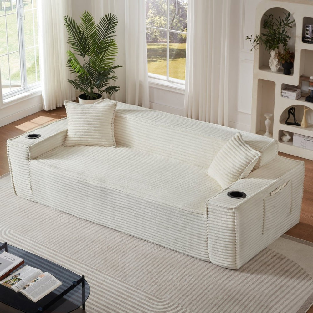 English Elm 3seater Corduroy Cloud Sofa Pocket Spring Boneless Frame for Apartments and Offices White W2339P481751