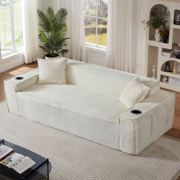 English Elm 3seater Corduroy Cloud Sofa Pocket Spring Boneless Frame for Apartments and Offices White W2339P481751