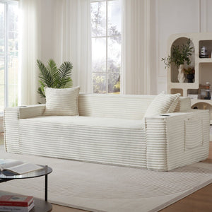 English Elm 3seater Corduroy Cloud Sofa Pocket Spring Boneless Frame for Apartments and Offices White W2339P481751