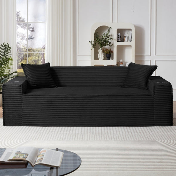 English Elm 3seater Corduroy Cloud Sofa Pocket Spring Boneless Frame for Apartments and Offices Black W2339P481752
