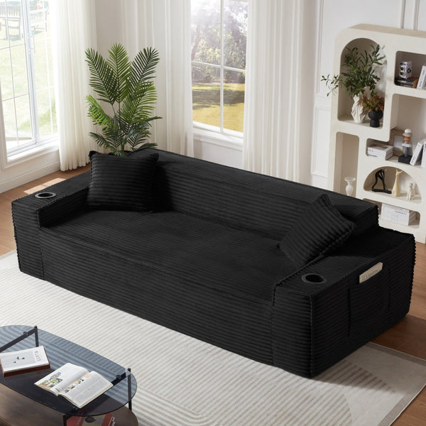 English Elm 3seater Corduroy Cloud Sofa Pocket Spring Boneless Frame for Apartments and Offices Black W2339P481752