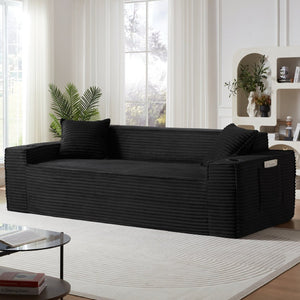 English Elm 3seater Corduroy Cloud Sofa Pocket Spring Boneless Frame for Apartments and Offices Black W2339P481752