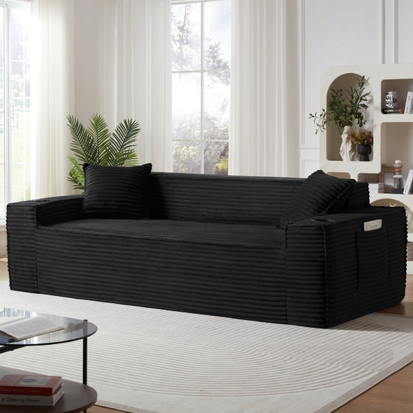 English Elm 3seater Corduroy Cloud Sofa Pocket Spring Boneless Frame for Apartments and Offices Black W2339P481752