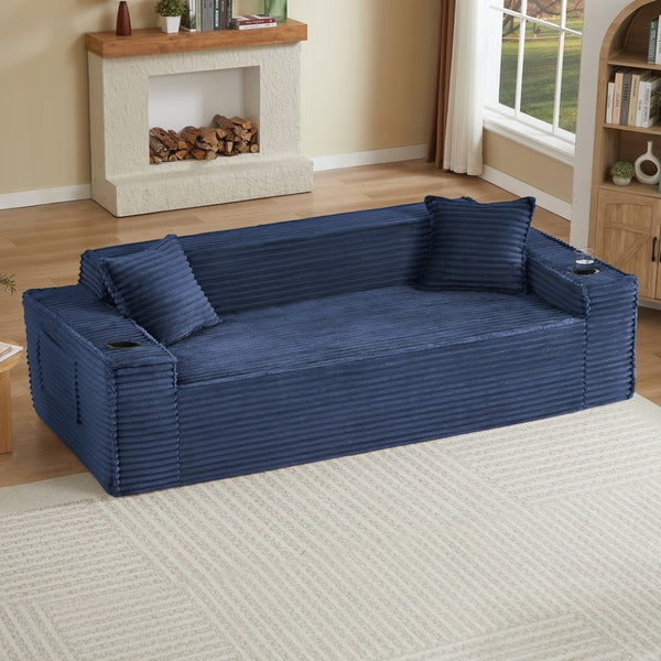 English Elm 3seater Corduroy Cloud Sofa Pocket Spring Boneless Frame for Apartments and Offices Blue W2339P481753