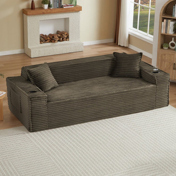 English Elm 3seater Corduroy Cloud Sofa Pocket Spring Boneless Frame for Apartments and Offices Brown W2339P481754