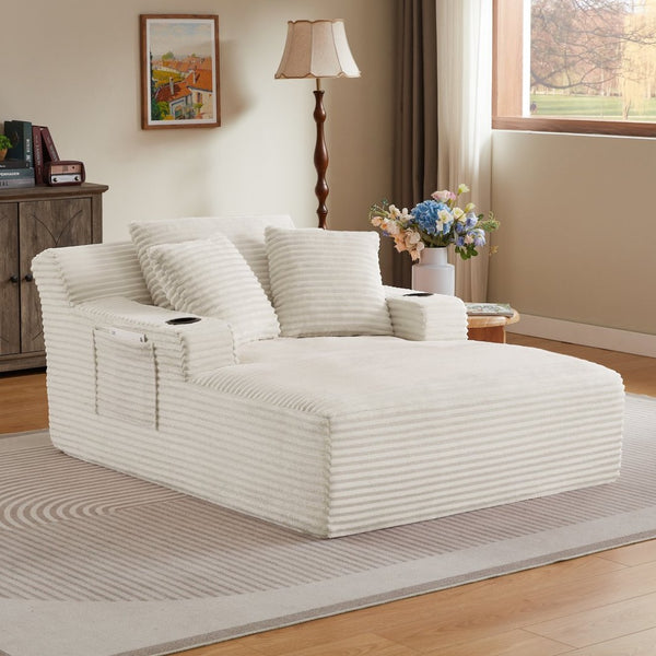 English Elm Oversized Corduroy Chaise Lounge Sofa Ready to Use Pocket Spring Living Room Sleeper White W2339P502175