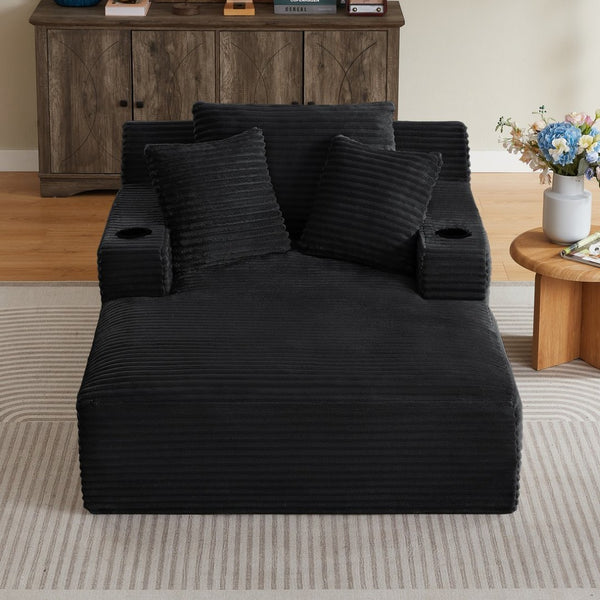 English Elm Oversized Corduroy Chaise Lounge Sofa Ready to Use Pocket Spring Living Room Sleeper Black W2339P502183