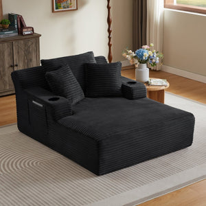 English Elm Oversized Corduroy Chaise Lounge Sofa Ready to Use Pocket Spring Living Room Sleeper Black W2339P502183
