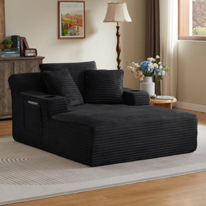 English Elm Oversized Corduroy Chaise Lounge Sofa Ready to Use Pocket Spring Living Room Sleeper Black W2339P502183