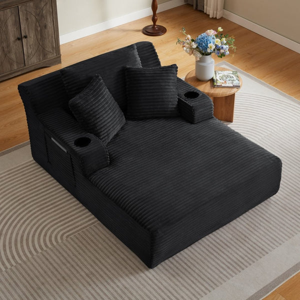English Elm Oversized Corduroy Chaise Lounge Sofa Ready to Use Pocket Spring Living Room Sleeper Black W2339P502183