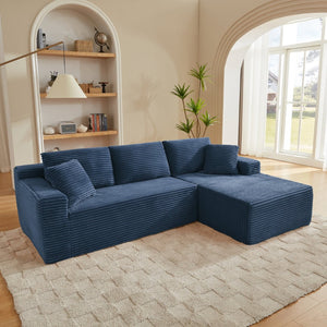 English Elm L-shaped Modular Cloud Sectional with Corduroy Upholstery Deep Seat Sleeper Sofa Blue - B W2339S00129