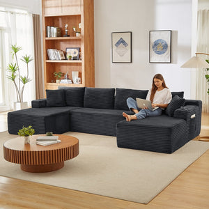 English Elm Compressible Modular U-shaped Corduroy Cloud Sectional for Relaxed Living Room Seating Dark Grey W2339S00158