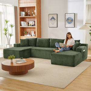 English Elm Compressible Modular U-shaped Corduroy Cloud Sectional for Relaxed Living Room Seating Green W2339S00159