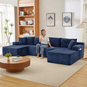 English Elm Compressible Modular U-shaped Corduroy Cloud Sectional for Relaxed Living Room Seating Blue W2339S00160