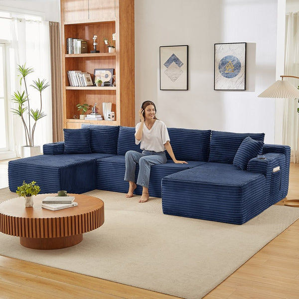 English Elm Compressible Modular U-shaped Corduroy Cloud Sectional for Relaxed Living Room Seating Blue W2339S00160