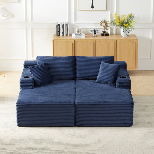 English Elm Compressible Modular U-shaped Corduroy Cloud Sectional for Relaxed Living Room Seating Blue W2339S00160