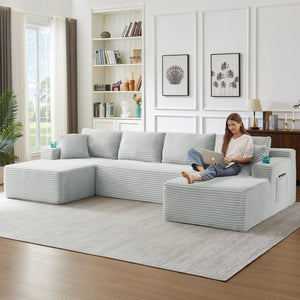 English Elm Compressible Modular U-shaped Corduroy Cloud Sectional for Relaxed Living Room Seating Light Grey W2339S00161