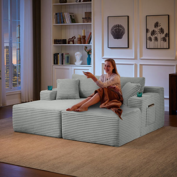 English Elm Compressible Modular U-shaped Corduroy Cloud Sectional for Relaxed Living Room Seating Light Grey W2339S00161