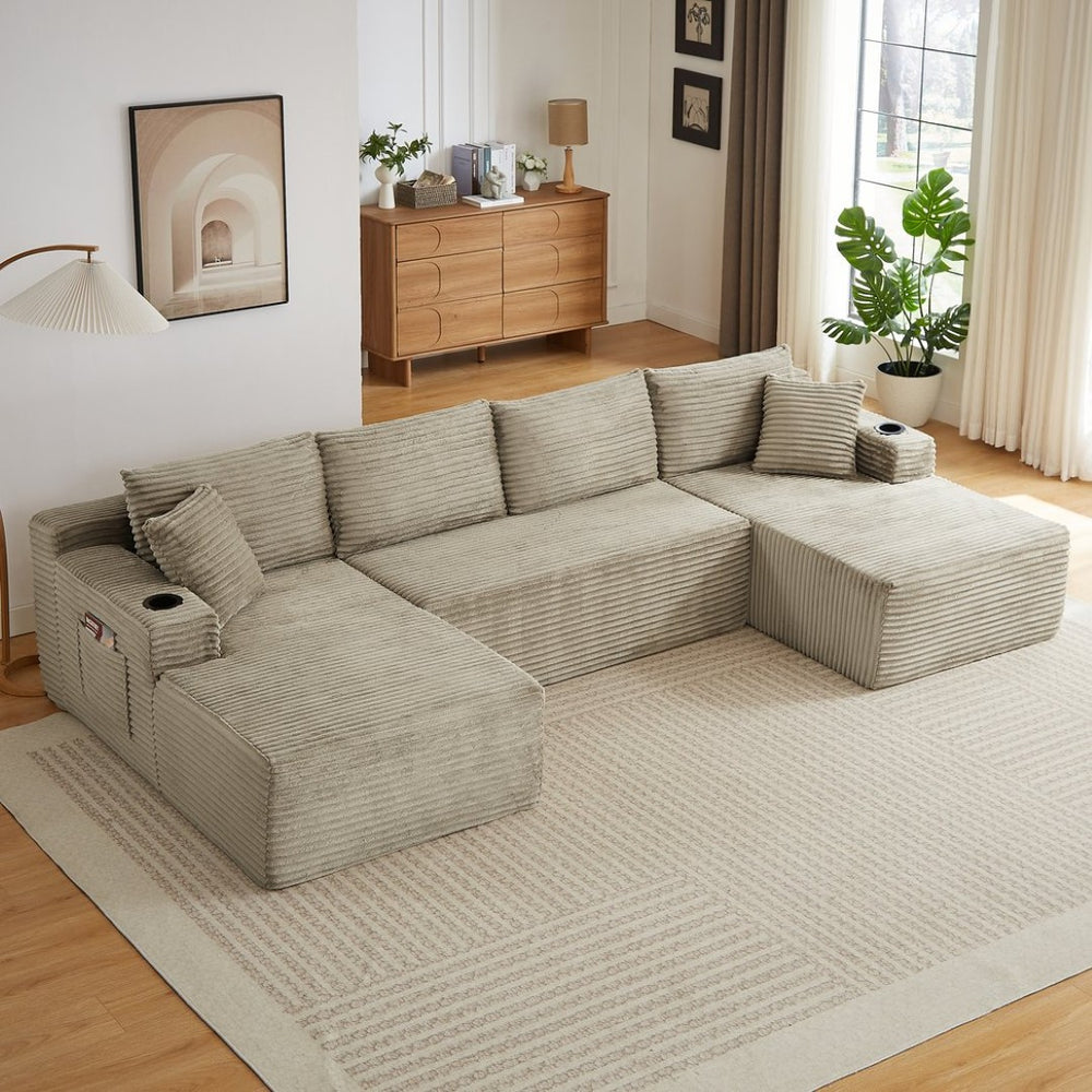 English Elm Compressible Modular U-shaped Corduroy Cloud Sectional for Relaxed Living Room Seating Camel W2339S00162