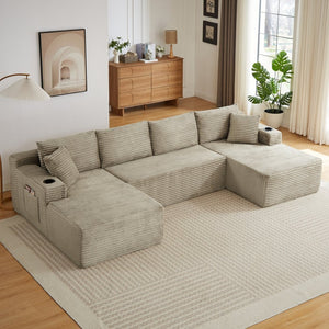 English Elm Compressible Modular U-shaped Corduroy Cloud Sectional for Relaxed Living Room Seating Camel W2339S00162