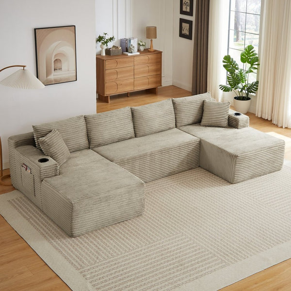 English Elm Compressible Modular U-shaped Corduroy Cloud Sectional for Relaxed Living Room Seating Camel W2339S00162