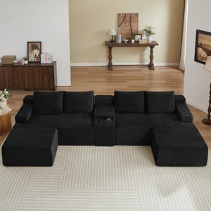 English Elm Compressible Corduroy U-Shaped Sectional Cloud Sofa Modular Living Room Couch Black W2339S00172